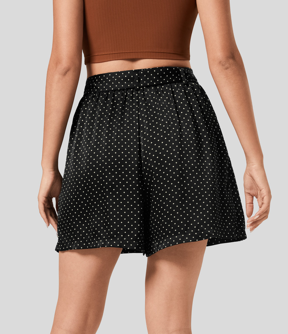 High Waisted Belted Side Pocket Polka Dot Resort Shorts