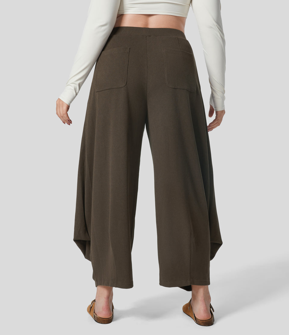 Ribbed High Waisted Plicated Multiple Pockets Solid Casual Plus Size Harem Pants