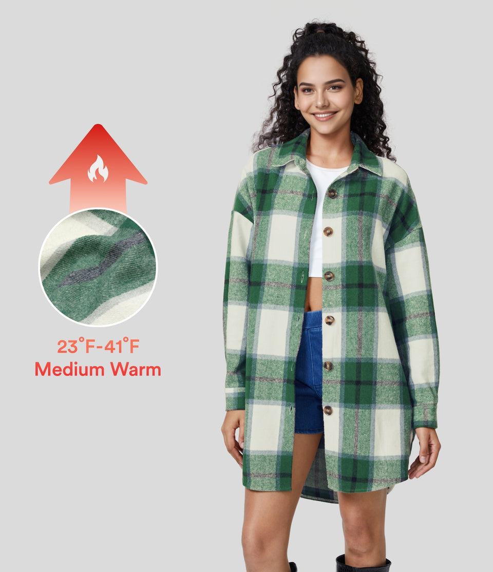 Collared Button Long Sleeve Curved Hem High Low Plaid Fleece Casual Jacket