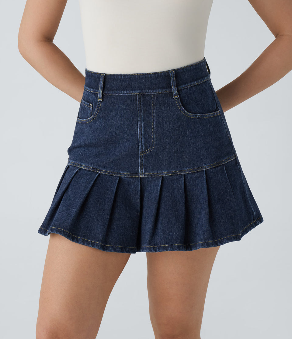 HalaraMagic™ High Waisted Multiple Pockets Pleated Mini Washed Stretchy Knit Denim Casual Skirt