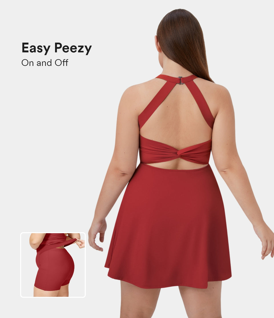 Backless Cut Out Twisted Side Pocket 2-in-1 Exercise Plus Size Dress-Easy Peezy