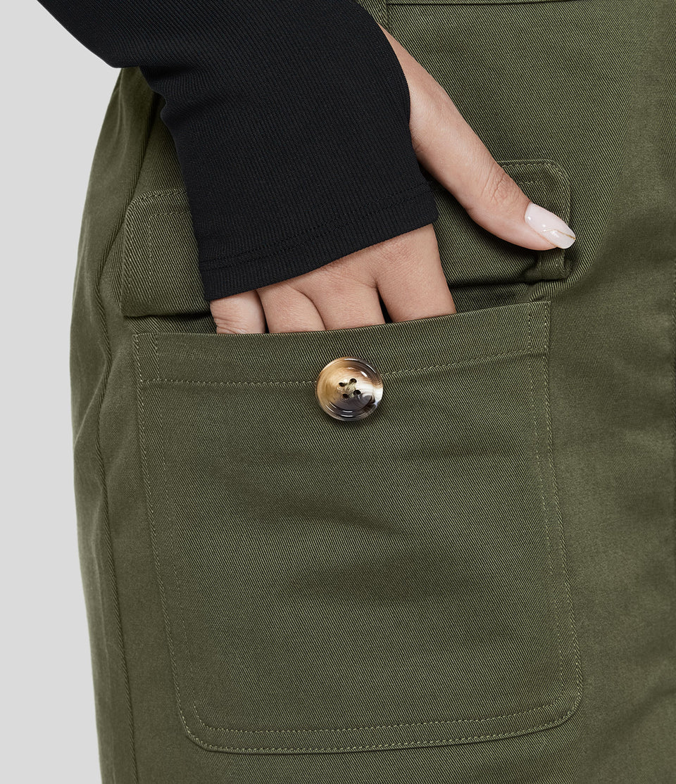 High Waisted Button Flap Cargo Pocket A Line Mini Casual Cotton Skirt