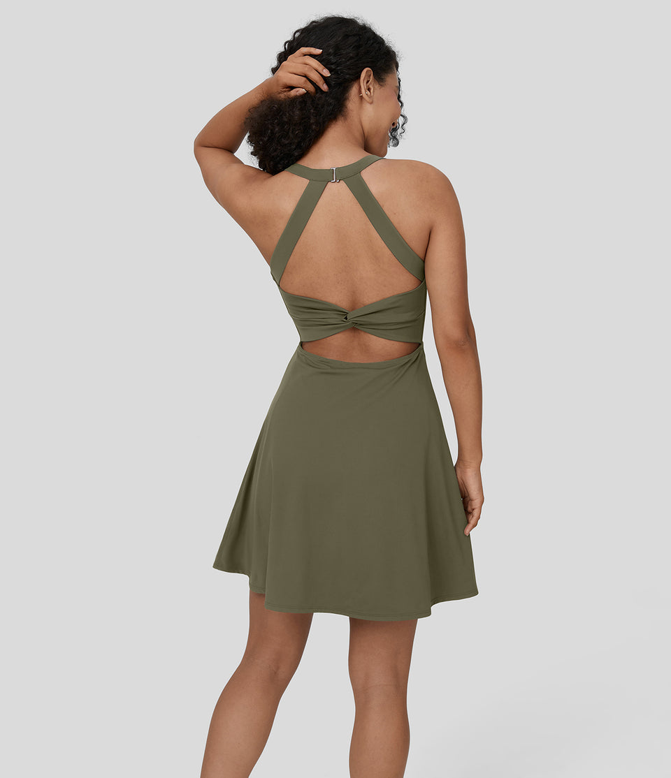Backless Twisted Flare Mini Dance Active Dress-Longer Length