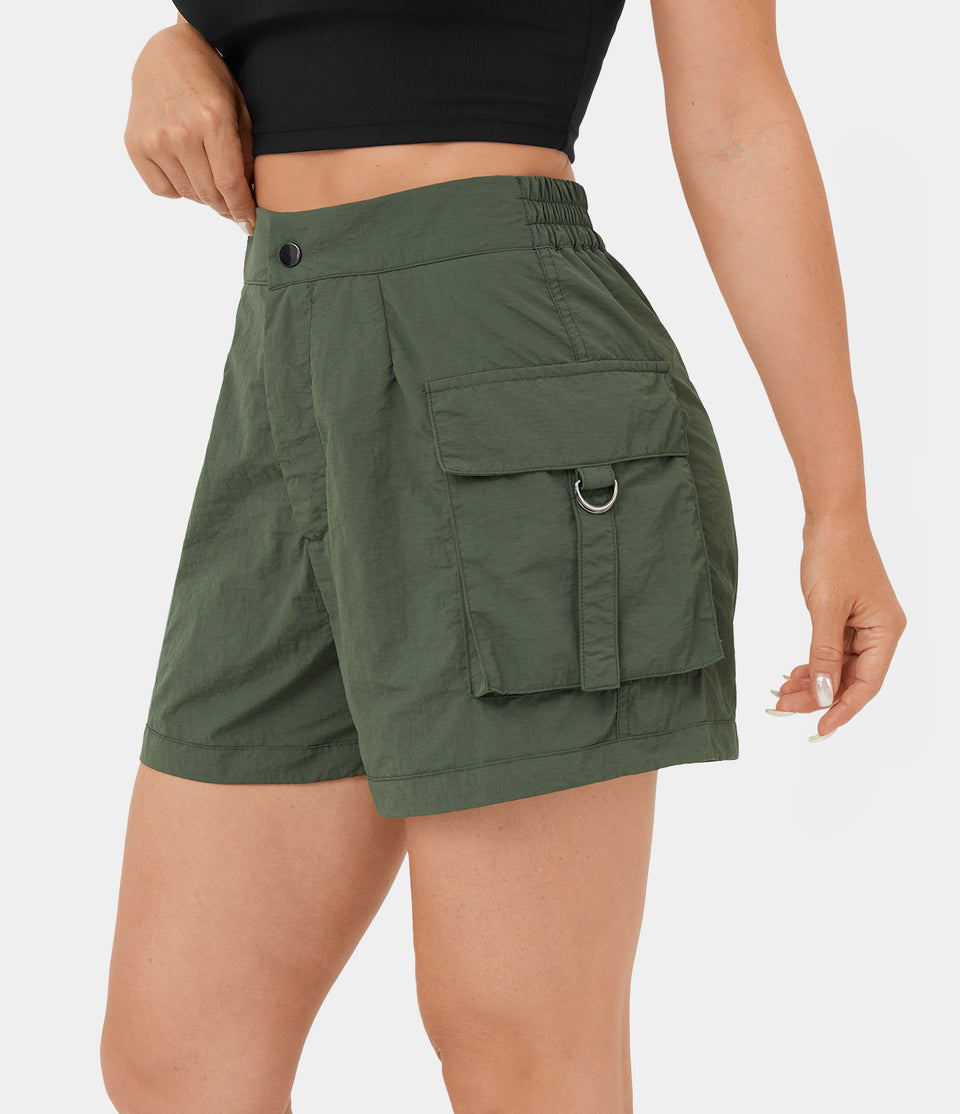 High Waisted Button Zipper Flap Pocket Casual Cargo Shorts 3''
