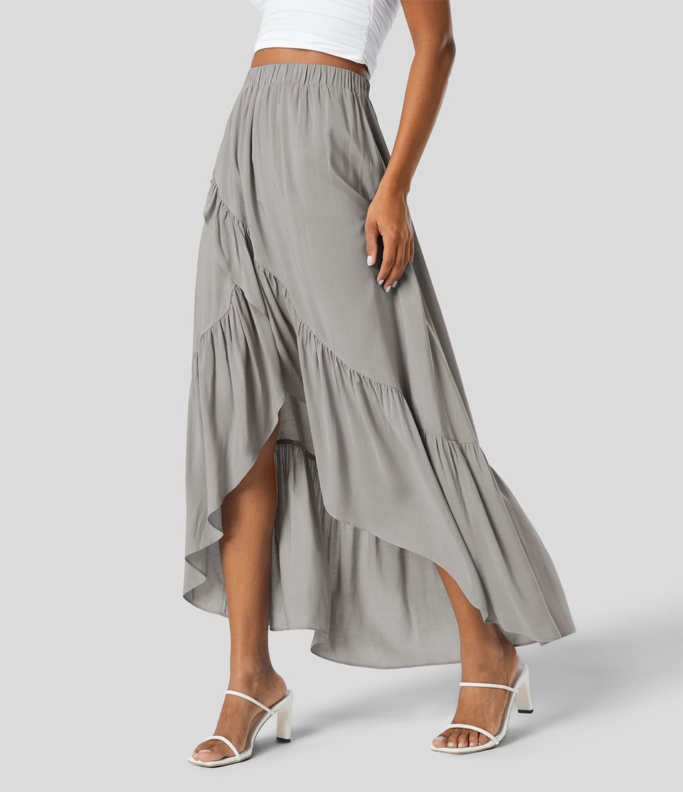 High Waisted Plicated High Low Ruffle Hem Flowy Maxi Resort Skirt