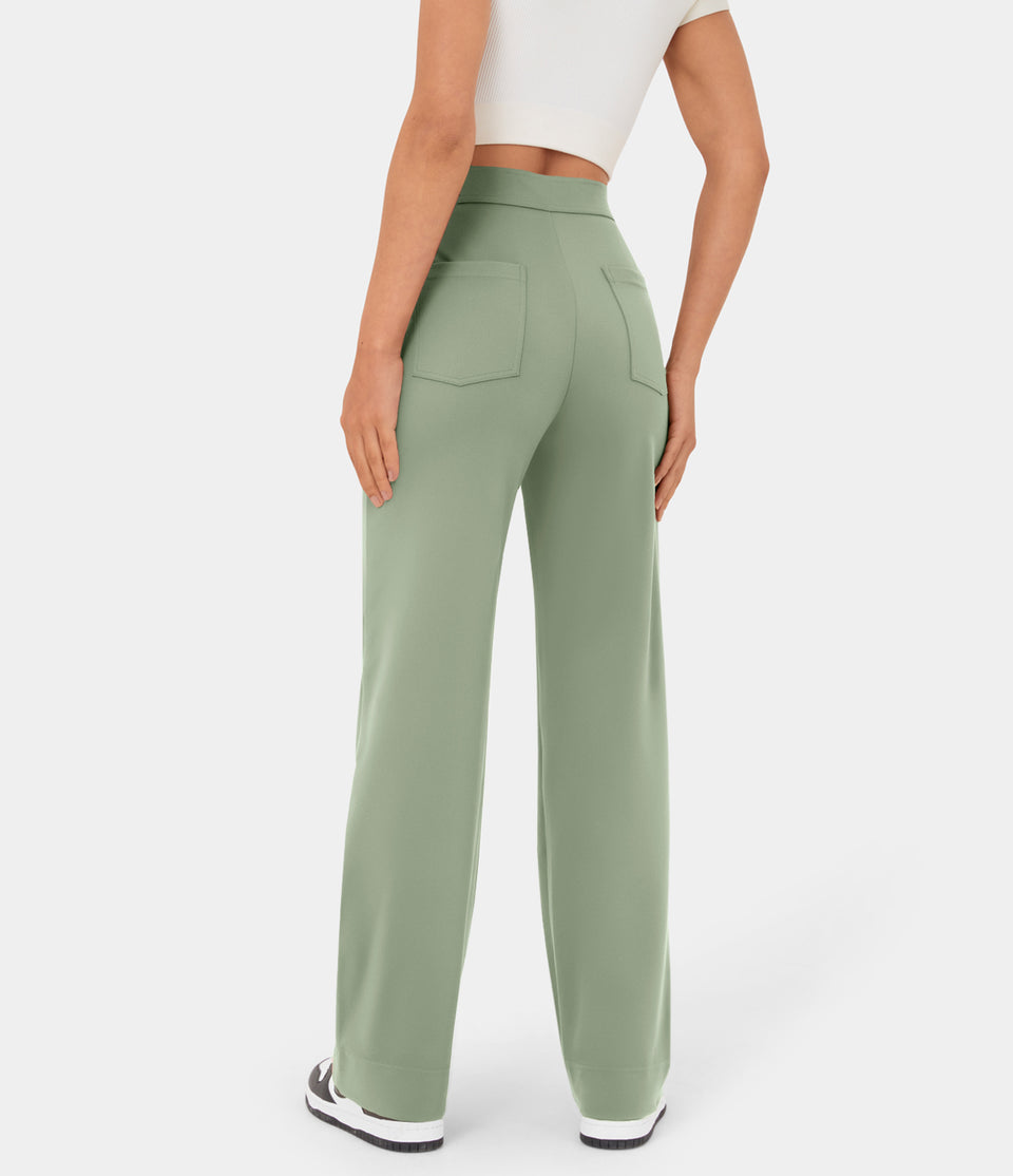 High Waisted Button Multiple Pockets Straight Leg Casual Pants