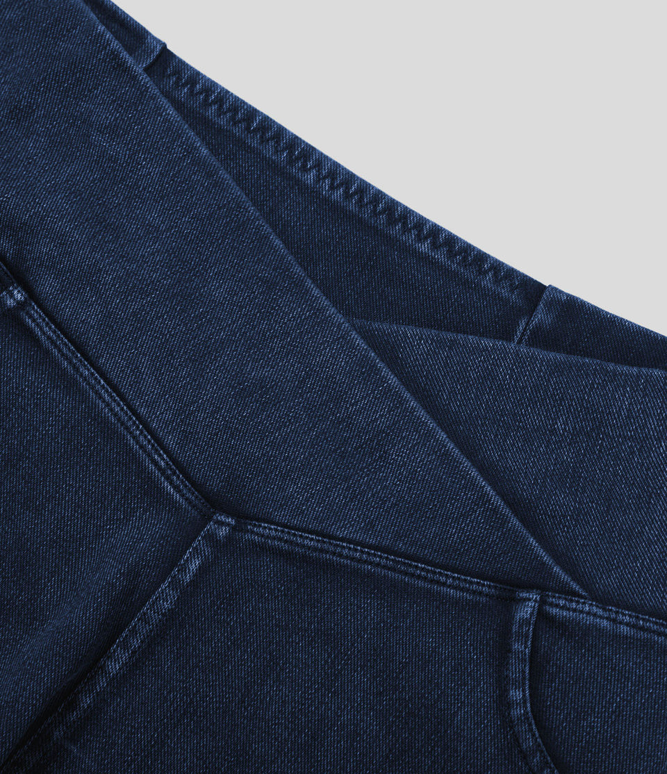 HalaraMagic™ High Waisted Crossover Back Side Pocket Stretchy Knit Denim Casual Shorts 3"