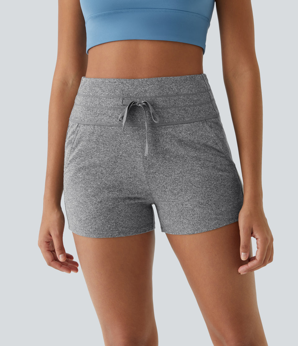 High Waisted Drawstring Side Pocket Ruched Yoga Shorts