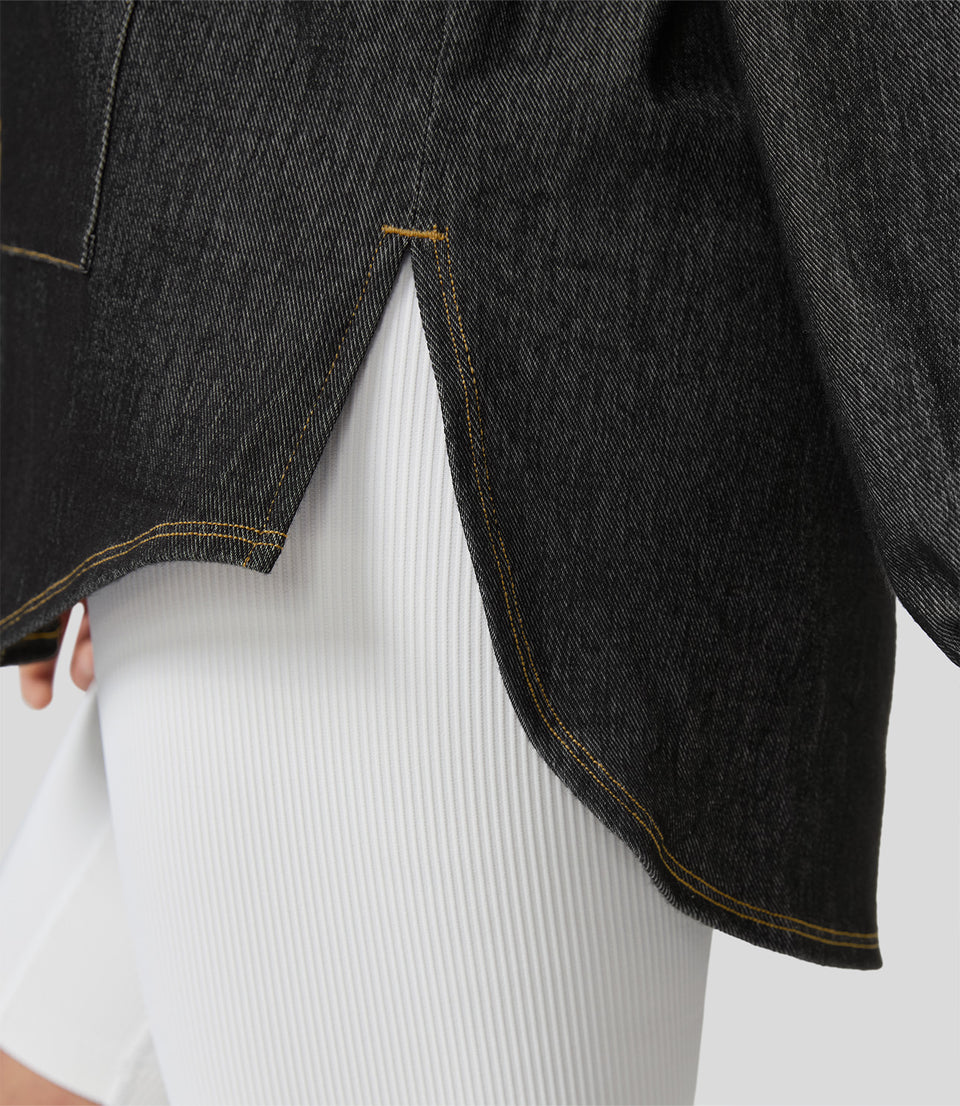 HalaraMagic™ Collared Multiple Pockets Button Front Split Curved Hem Stretchy Knit Denim Work Oversize Jacket