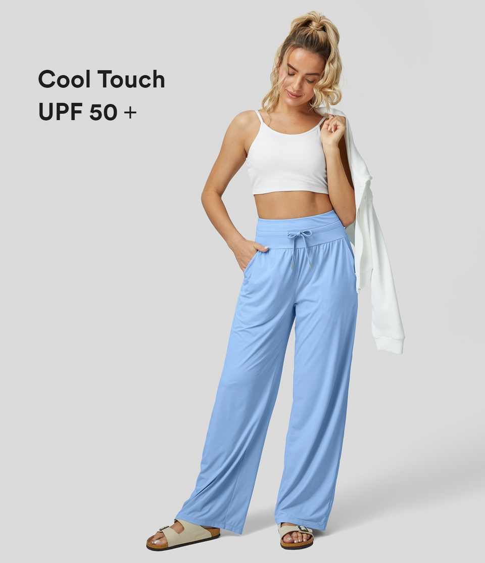 High Waisted Drawstring Side Pocket Wide Leg Cool Touch Casual Pants-UPF50+