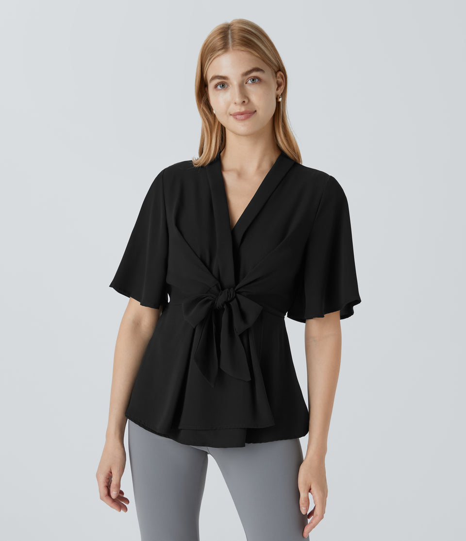 V Neck Short Sleeve Wrapped Tie Front Work Blouse