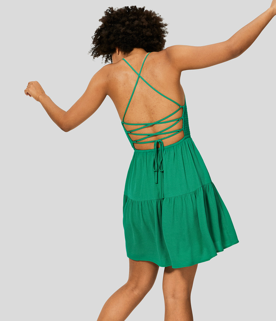 Backless Crisscross Adjustable Strap Shirred Plicated Flowy Mini Casual Dress