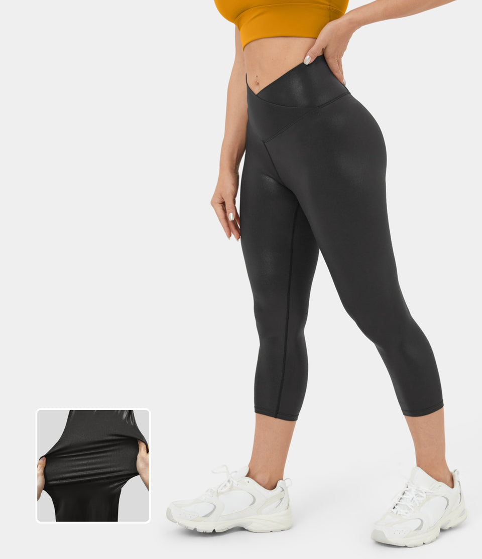 Softlyzero™ Faux Leather Crossover Back Pocket Foil Print Stretchy Yoga Capri Leggings