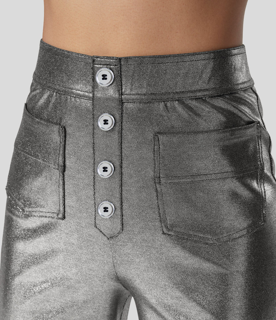 Softlyzero™ Faux Leather High Waisted Decorative Button Multiple Pockets Metallic Foil Print Stretchy Party Straight Leg Pants
