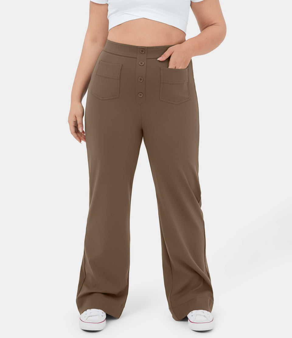 High Waisted Button Multiple Pockets Straight Leg Casual Plus Size Pants