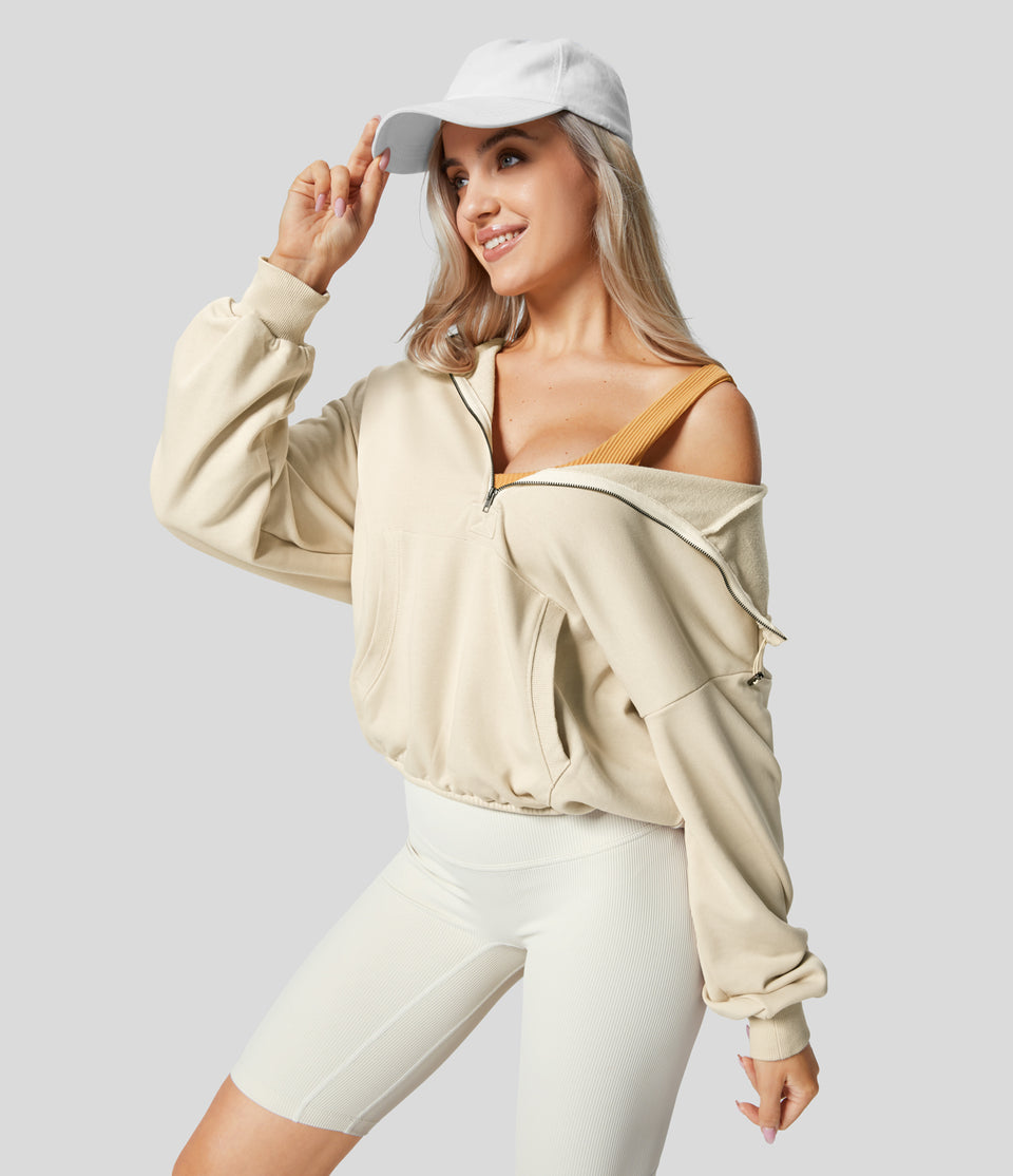 Hooded Drawcord Half Zip Long Sleeve Kangaroo Pocket Casual Sweatshirt