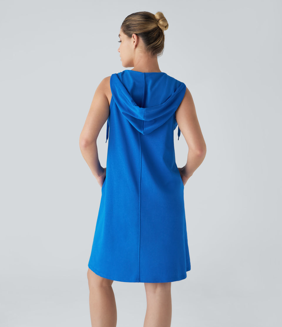 Drawstring Hooded Sleeveless Side Pocket Mini Casual Cotton Dress