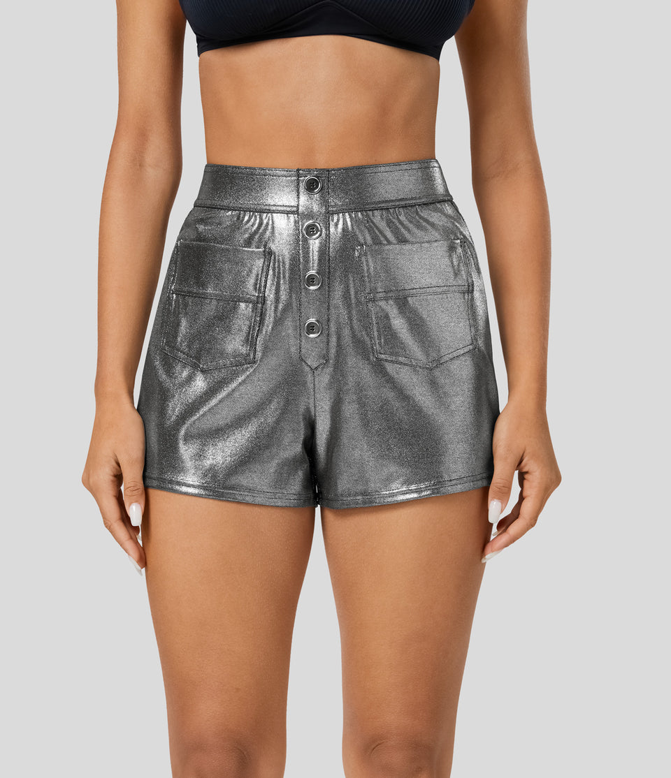 Softlyzero™ Faux Leather High Waisted Decorative Button Multiple Pockets Metallic Foil Print Stretchy Casual Shorts
