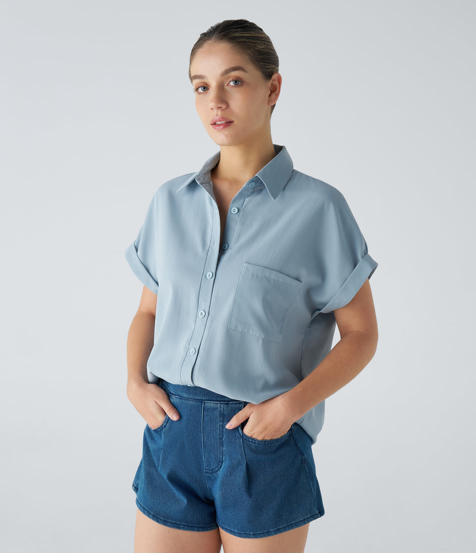 Collared Button Chest Pocket Curved Hem Casual Blouse