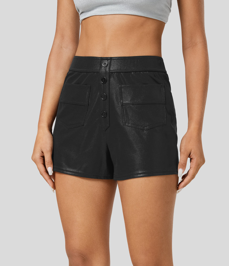 Softlyzero™ Faux Leather High Waisted Decorative Button Multiple Pockets Metallic Foil Print Stretchy Casual Shorts