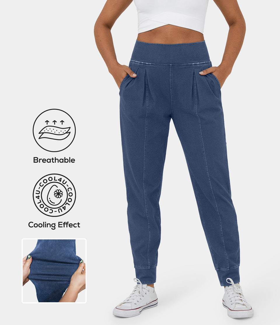 HalaraMagic™ High Waisted Side Pocket Plicated Cool Touch Breathable Washed Stretchy Knit Casual Jeans
