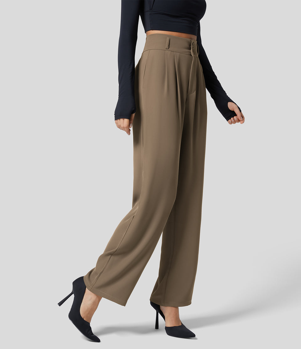 High Waisted Button Zipper Plicated Side Pocket Shirred Straight Leg Work Suit Pants