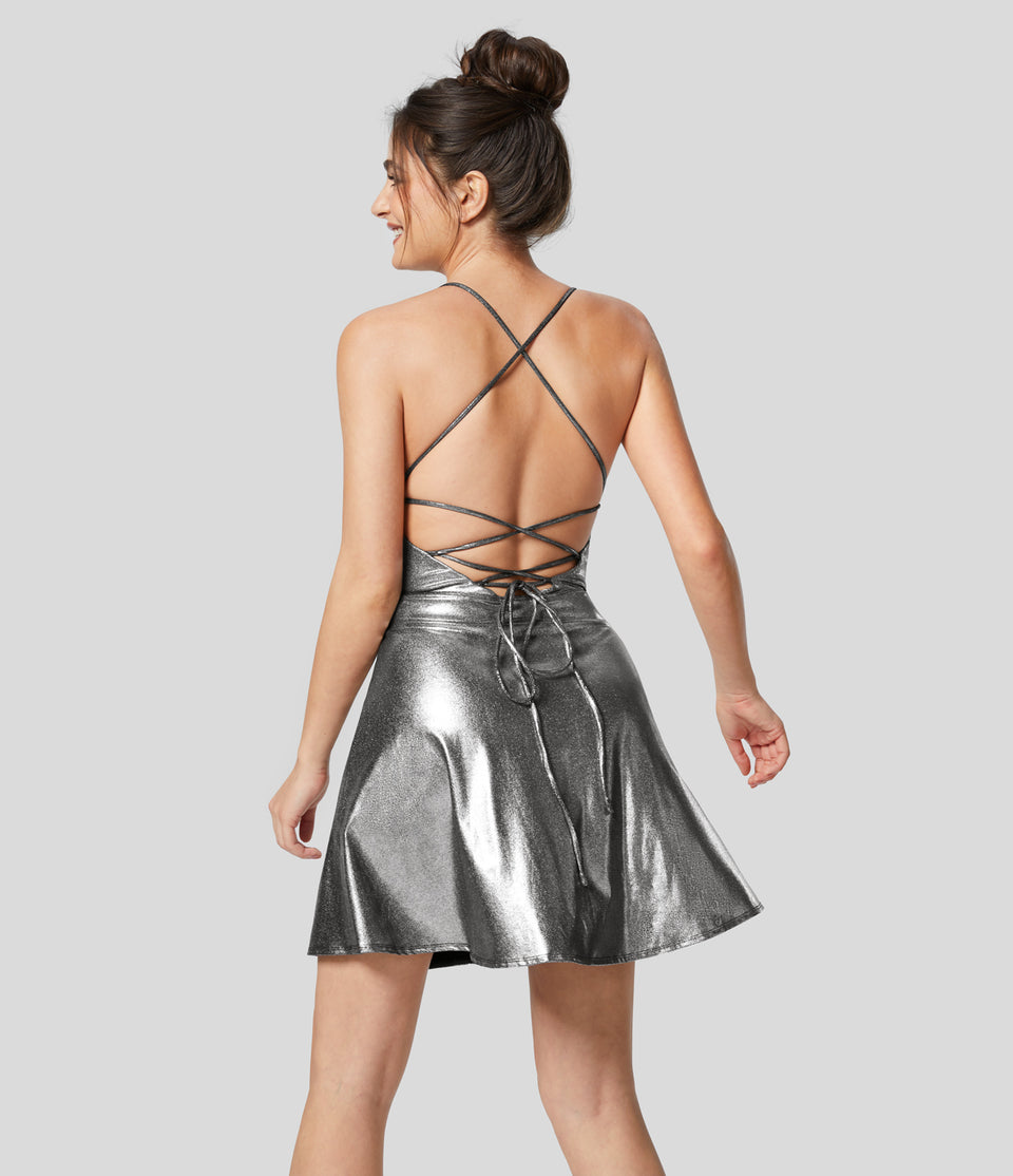 Softlyzero™ Faux Leather Backless Crisscross Lace Up Flare Hem Metallic Foil Print Stretchy Party Slip Dress