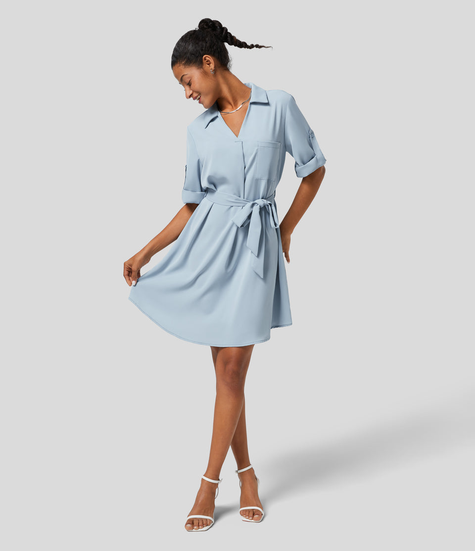 Collared Roll Up Sleeve Belted Midi Work Shirt Dress