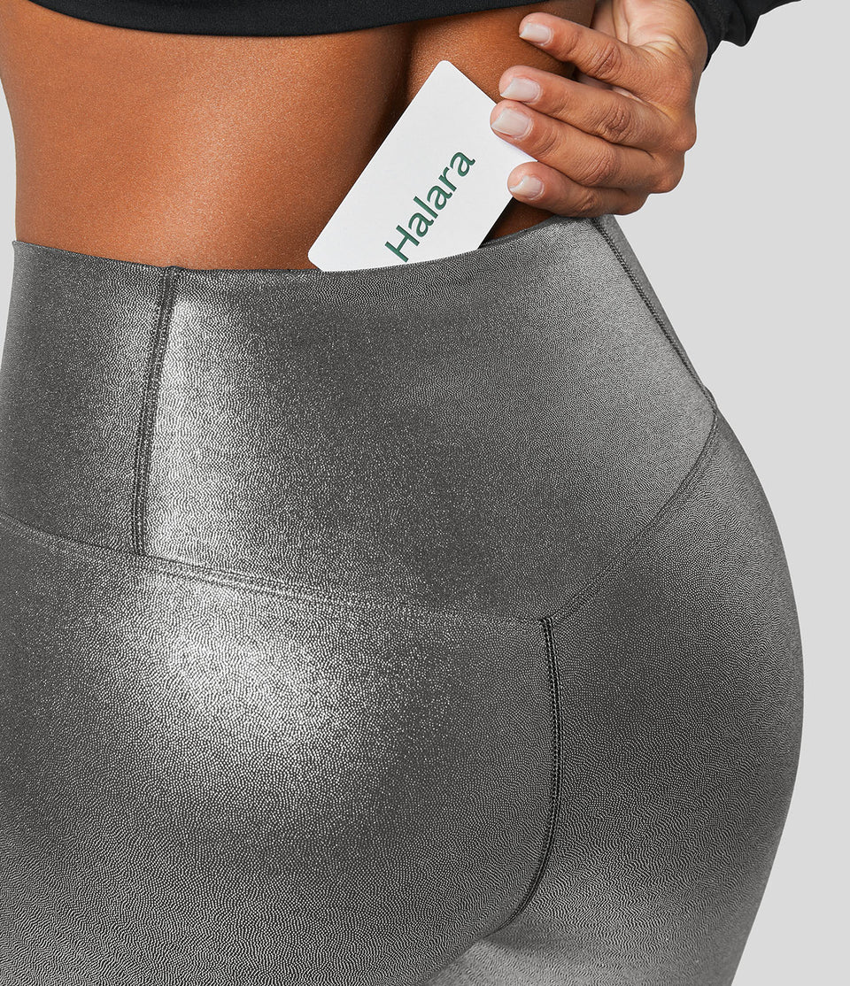 Softlyzero™ Faux Leather Crossover Back Pocket Foil Print Stretchy Casual Leggings