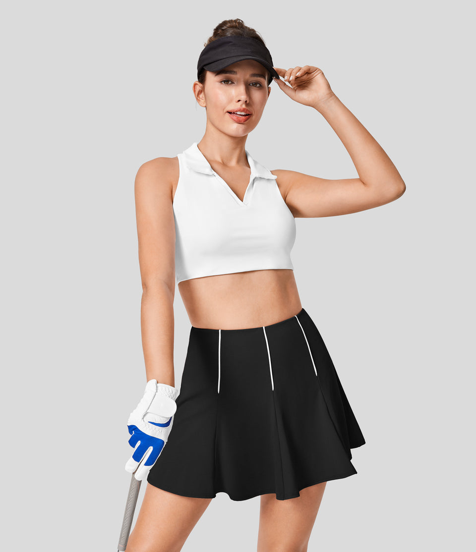 High Waisted Colorblock 2-in-1 Side Pocket A Line Mini Quick Dry Golf Skirt-Golf Tee Pocket