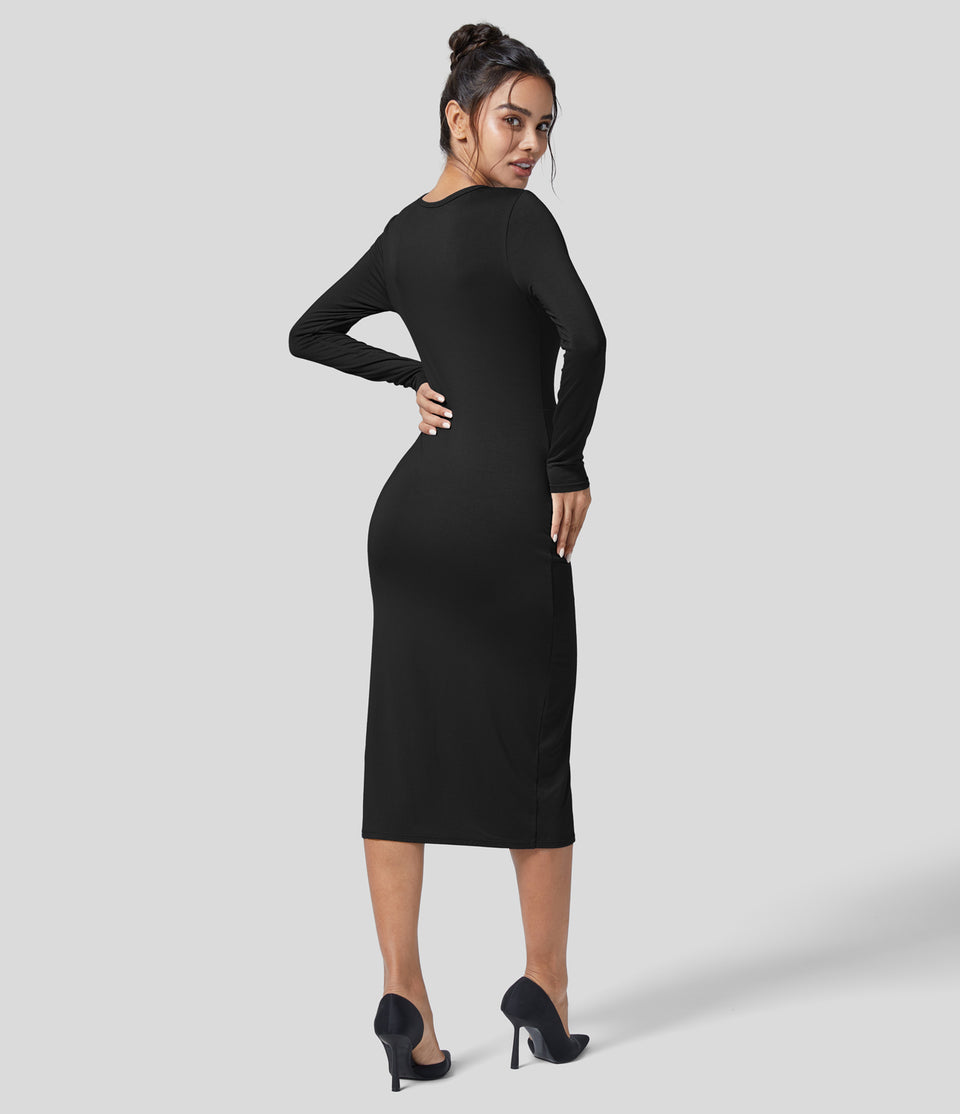 Round Neck Long Sleeve Lace Up Split Bodycon Midi Casual Dress