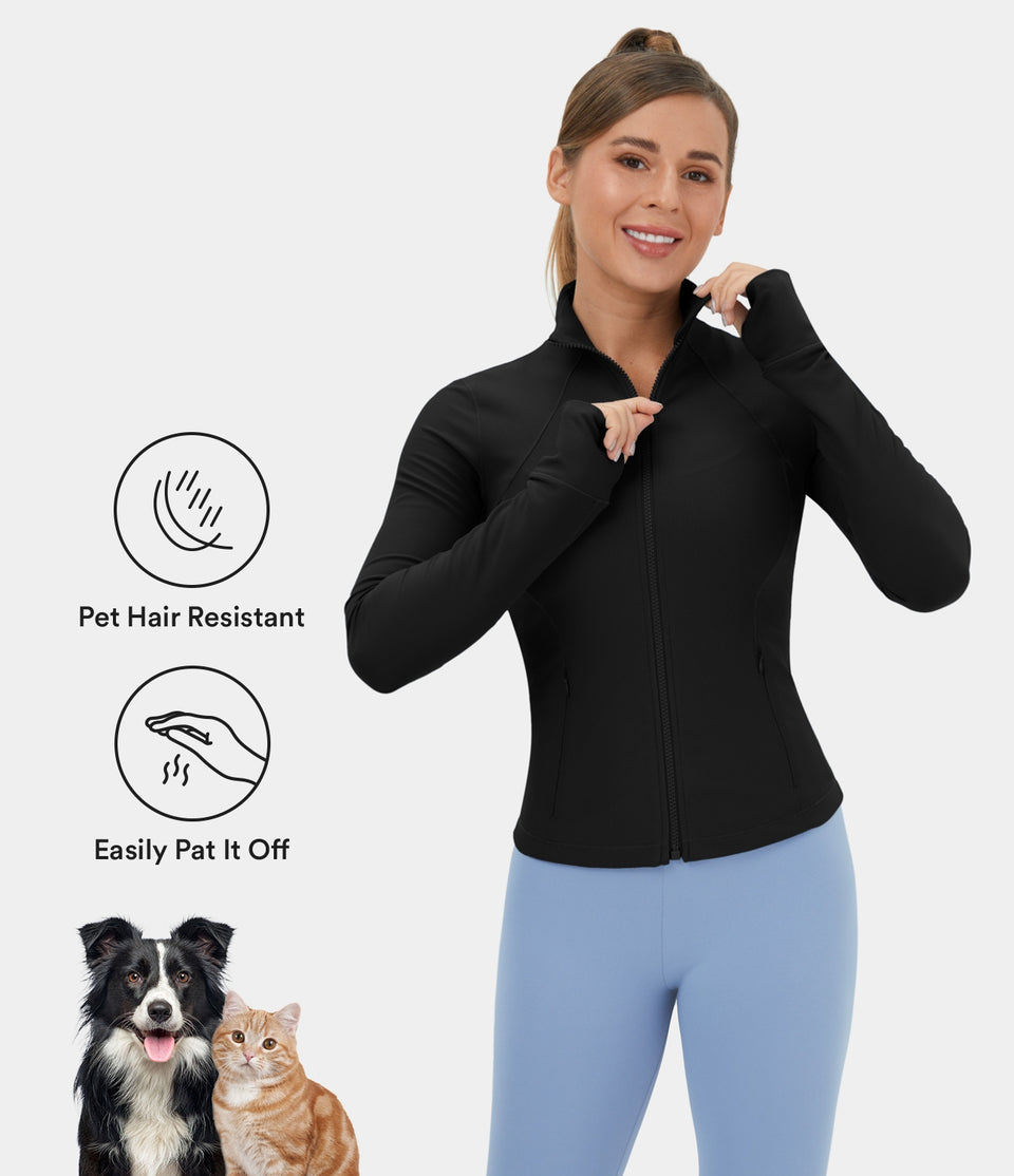 Patitoff® Flow Pet Hair Resistant Stand Collar Zipper Side Pocket Thumb Hole Cropped Casual Jacket
