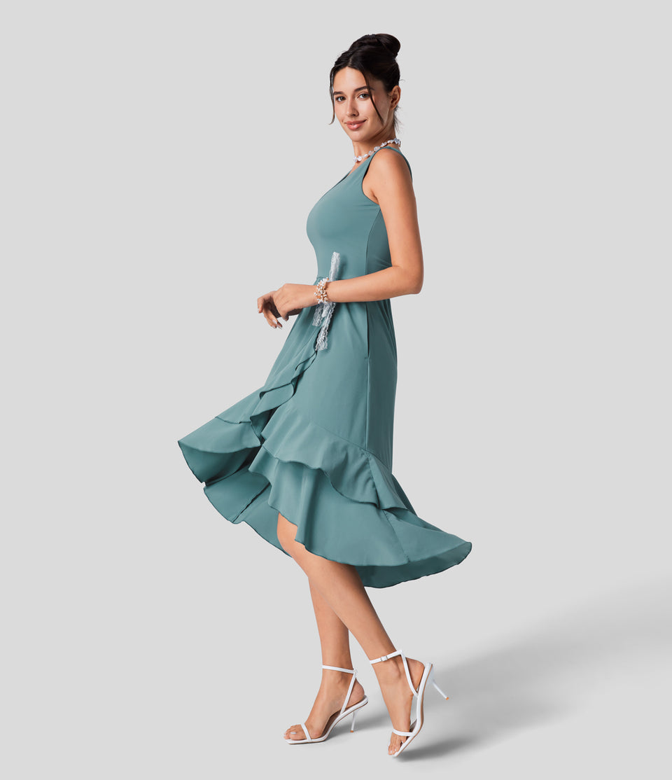 Breezeful™ V Neck Backless Cut Out Side Pocket Plicated Ruffle Flowy Quick Dry Midi Bridesmaid And Wedding Guest Dress