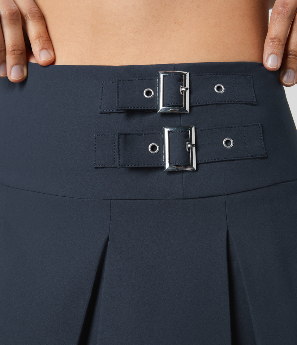 High Waisted Invisible Zipper Decorative Buckle 2-in-1 Side Pocket Pleated A Line Mini Dance Skirt