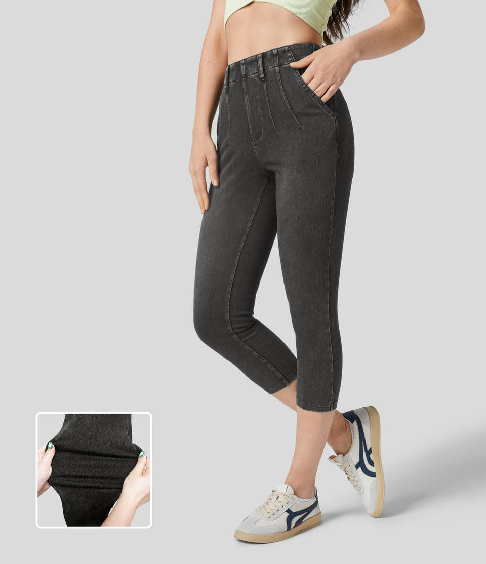 HalaraMagic™ Mid Rise Side Pocket Stretchy Knit Denim Casual Capri Leggings