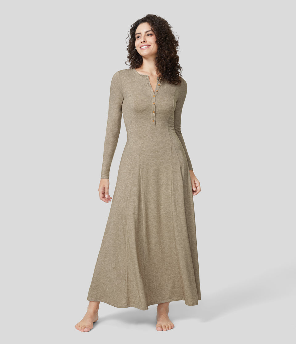 Round Neck Button Long Sleeve Flare Maxi Casual Dress