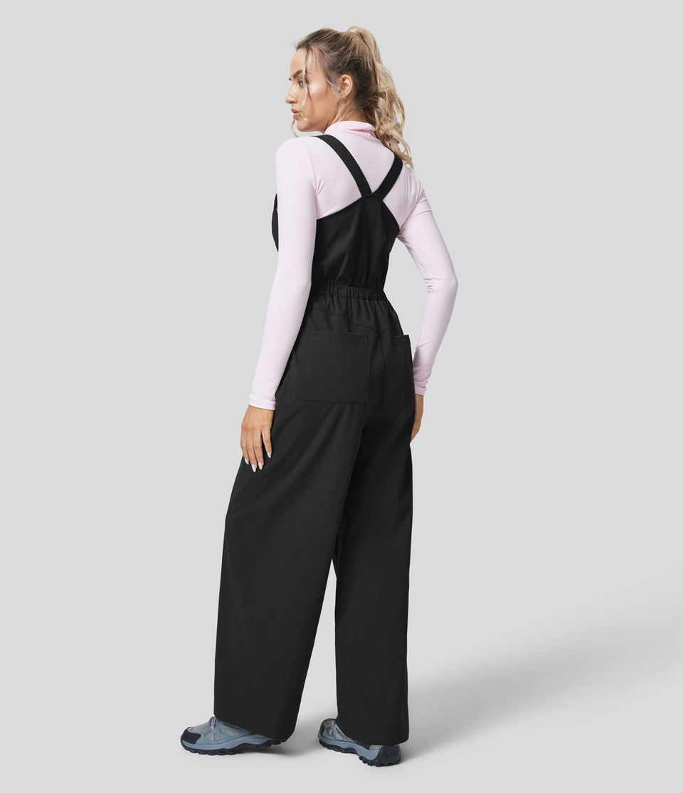 Button Multiple Pockets Plicated Straight Leg Casual Jumpsuit