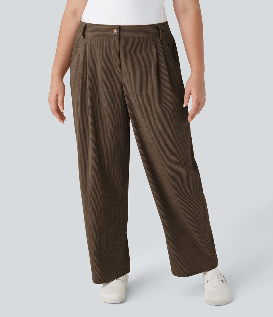 Mid Rise Button Zipper Side Pocket Plus Size Corduroy Casual Pants