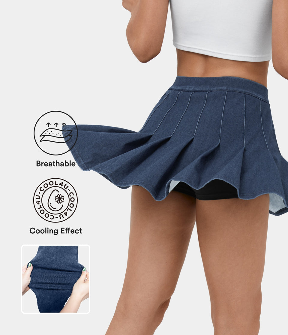 HalaraMagic™ High Waisted 2-in-1 Side Pocket Cool Touch Breathable Washed Stretchy Knit Denim Mini Casual Pleated Skirt