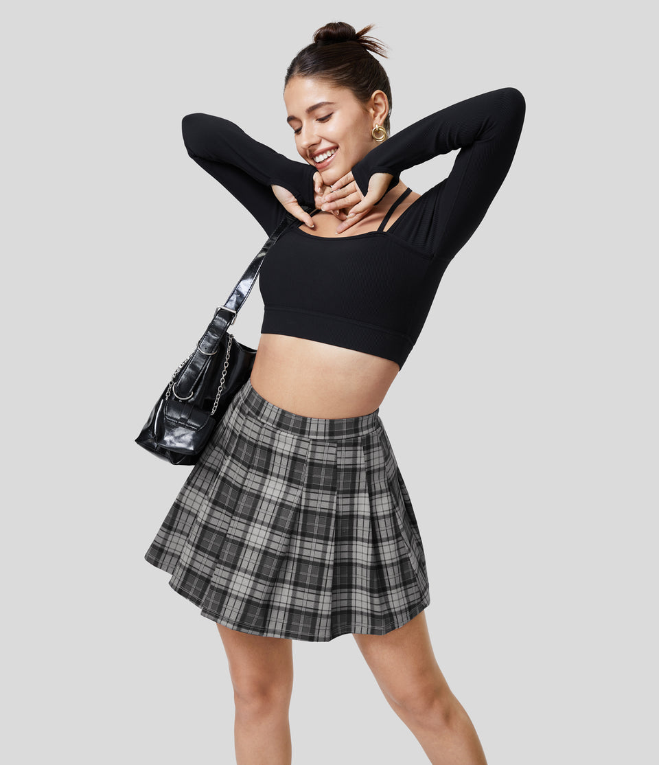 High Waisted 2-in-1 Side Pocket Plaid Pleated Mini Casual Skirt