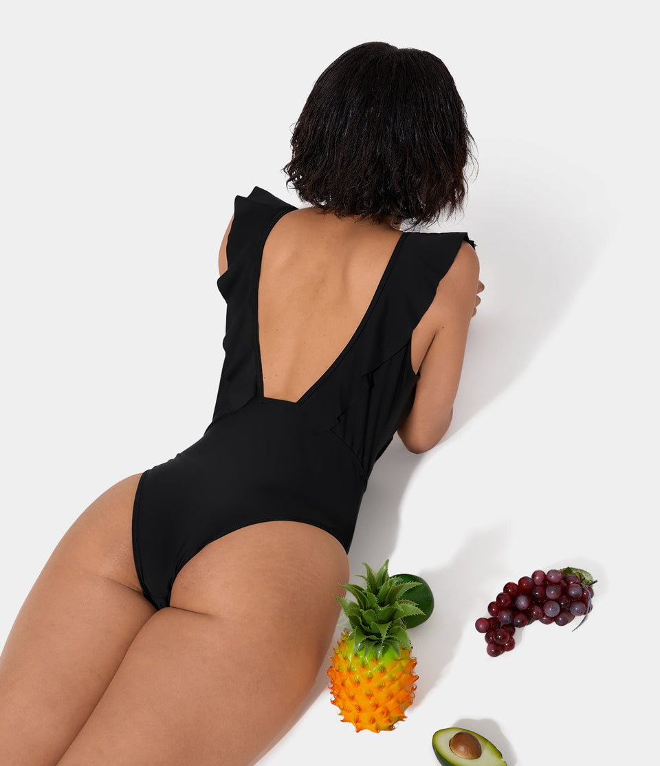 Deep V Neck Ruffle Backless One Piece Swimsuit