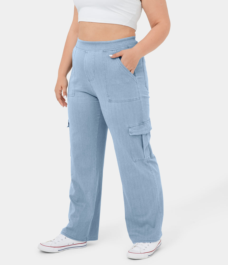 HalaraMagic™ Mid Rise Multiple Pockets Stretchy Knit Straight Leg Plus Size Casual Cargo Jeans