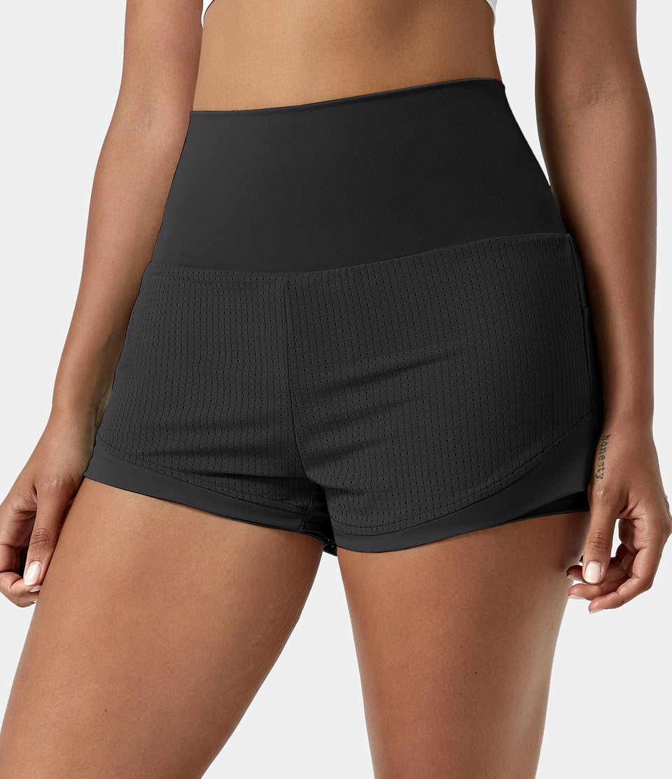 High Waisted Mesh Back Waistband Pocket 2-in-1 Casual Shorts 2"