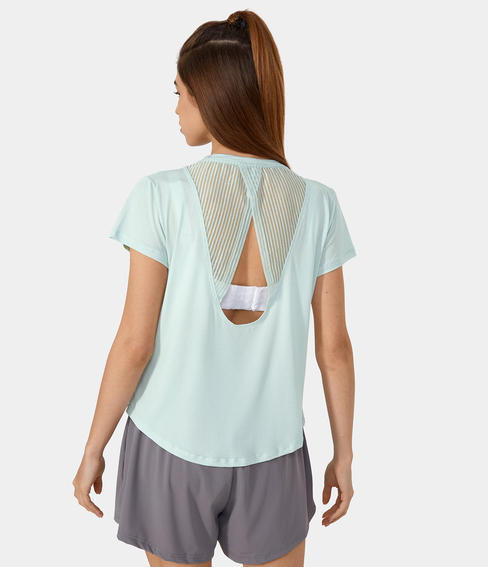 Short Sleeve Contrast Mesh Cut Out Yoga Sports Top