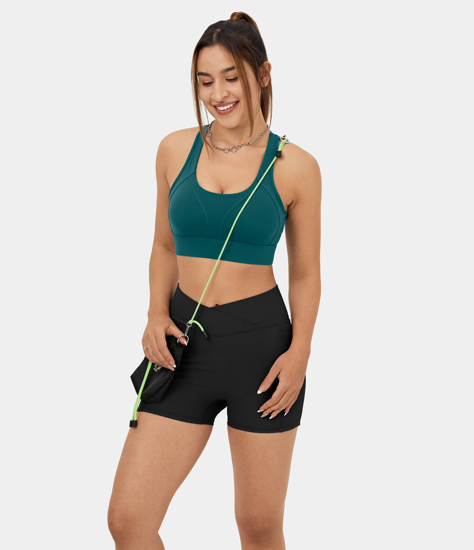Ribbed Knit High Waisted Crossover Side Pocket Yoga Biker Shorts 3.5''