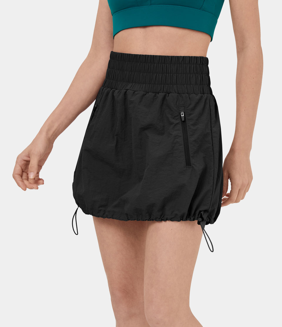 High Waisted Side Zip Pocket Drawstring Hem 2-in-1 Mini Casual Skirt