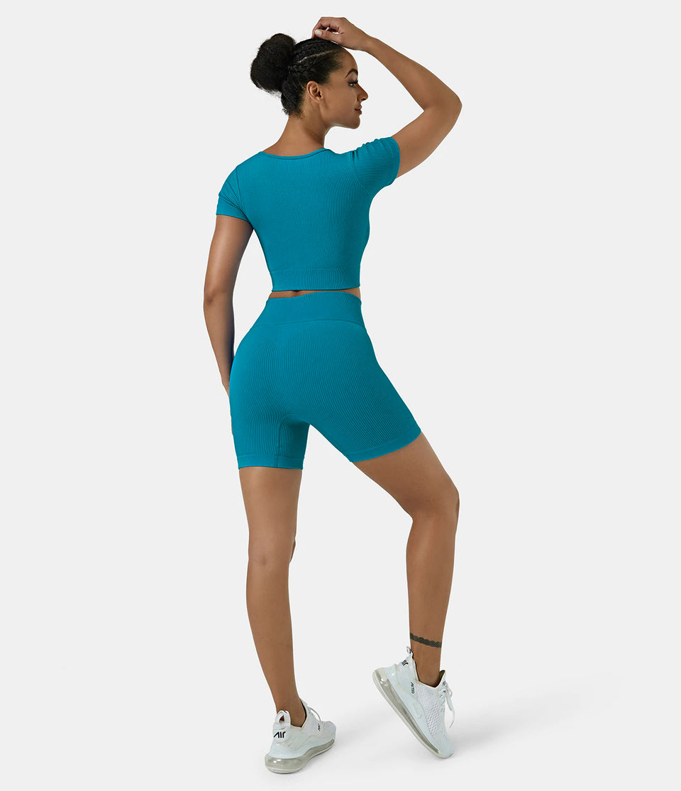 Seamless Flow Ribbed Knit Half Zip Short Sleeve Sports Top