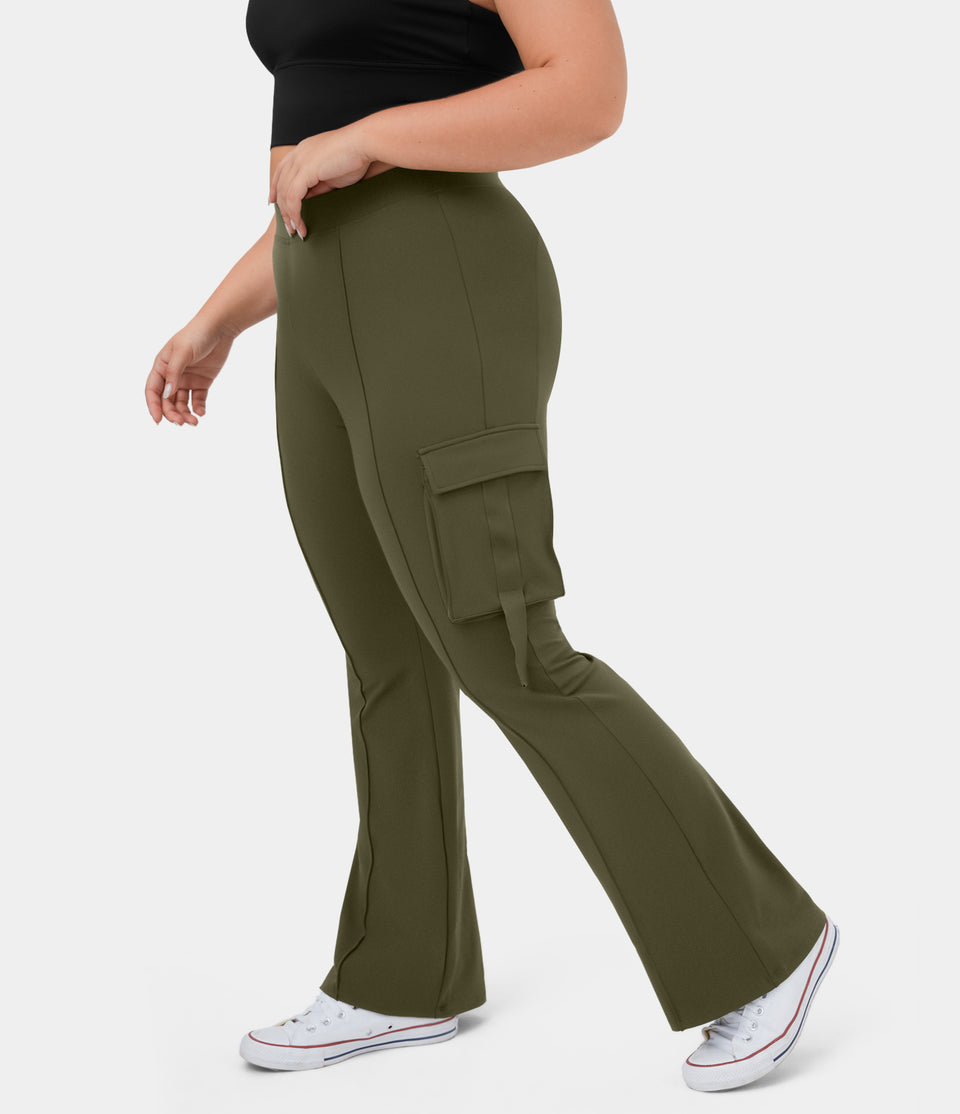 High Waisted Side Flap Pocket Cargo Flare Casual Plus Size Leggings