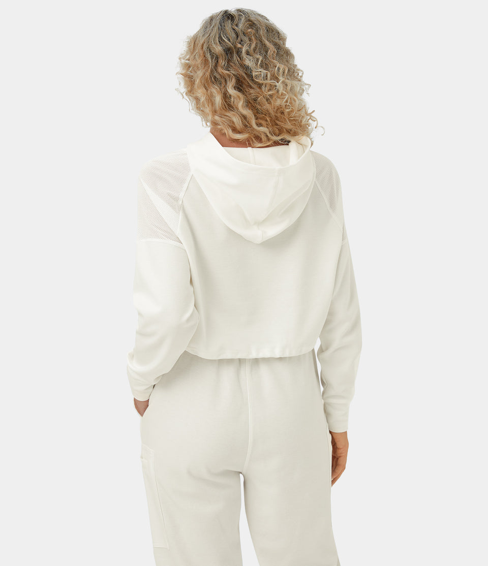 Hooded Drawstring Contrast Mesh Cropped Yoga Sports Sweatshirt