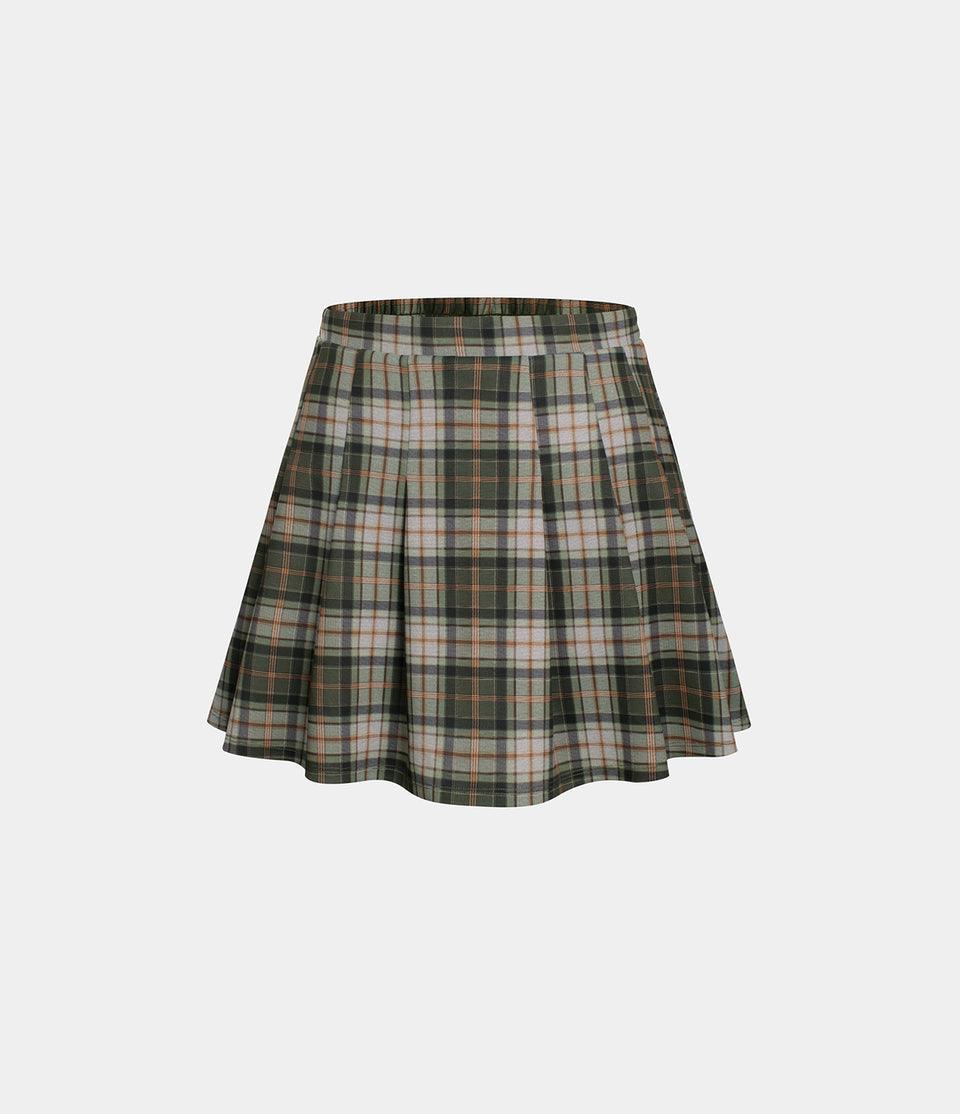 High Waisted 2-in-1 Side Pocket Plaid Pleated Mini Casual Skirt
